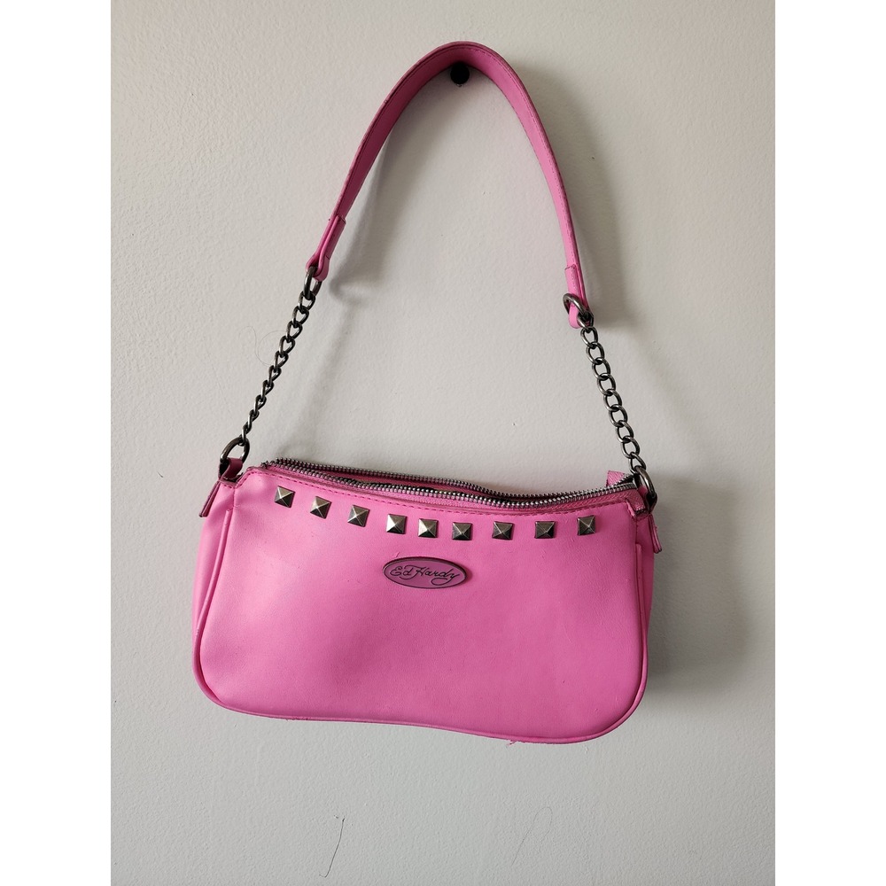 Ed Hardy Pink Studded Baguette Shoulder Bag Y2K Tiger Print Lining Hot Pink